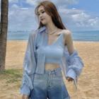 Long-sleeve Drawstring Sheer Crop Shirt / Plain V-neck Knit Tank Top