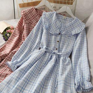 Peter Pan-collar Checker A-line Dress With Sash In 6 Colors