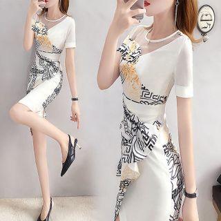 Short-sleeve Print Mesh Panel Sheath Dress
