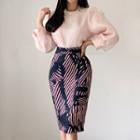 Set: Mesh Panel Puff-sleeve Blouse + Printed High-waist Pencil Skirt