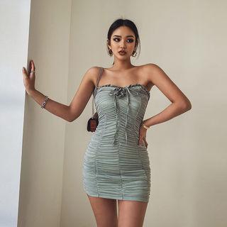 Beribboned Frilled-trim Shirred Tube Dress