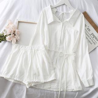 Set: Gather-waist Long Shirt With Sash + Shorts