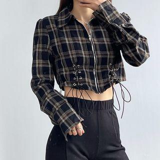 Plaid Lace-up Zip-up Crop Shirt