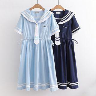 Short Sleeve Sailor Collar Drawstring Dress