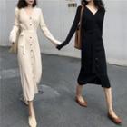Single-breasted Tie-waist Knit Midi Dress