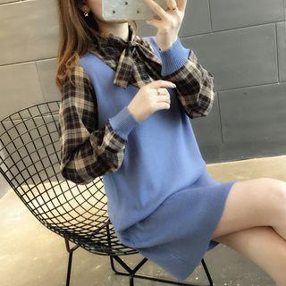 Long-sleeve Mock Two-piece Plaid-panel Dress