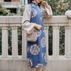 Striped Midi Qipao / Fluffy Trim Floral Vest