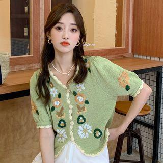 Short-sleeve Lettuce Edge Flower Embroidered Cropped Cardigan