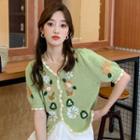 Short-sleeve Lettuce Edge Flower Embroidered Cropped Cardigan