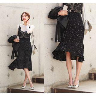 Ruffle-hem Dotted Midi Skirt