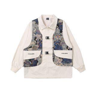 Mock Two-piece Bear Print Panel Buckled Shirt Jacket