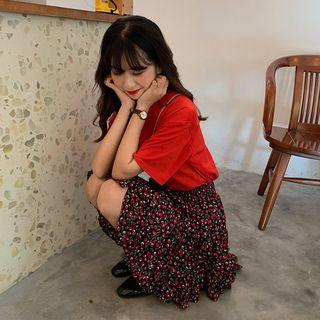 Band-waist Pattern Frilled Skirt Navy Blue - One Size