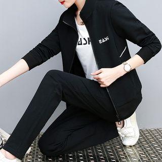 Set: Lettering Zip Jacket + Short-sleeve T-shirt + Straight-fit Pants