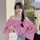 Off-shoulder Heart Print Blouse Pink - One Size