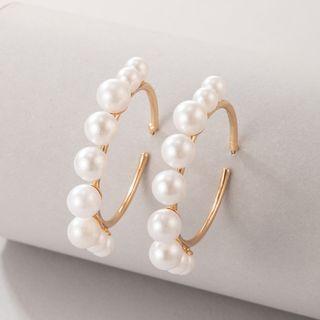 Faux Pearl Hoop Earring 20633 - 1 Pair - Gold & White - One Size