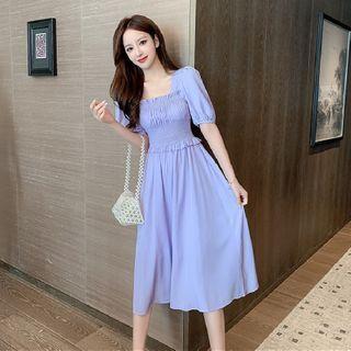 Short-sleeve Square-neck Ruffle Trim Midi A-line Dress