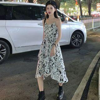 Spaghetti-strap Print Asymmetrical A-line Dress