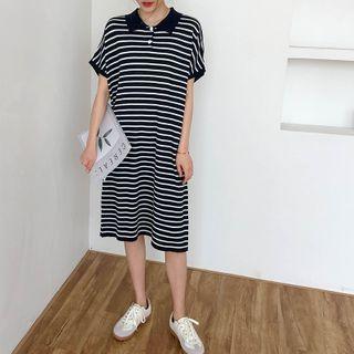 Short-sleeve Striped Midi Polo Knit Dress