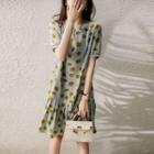 Short-sleeve Dotted Pleated Smock Dress
