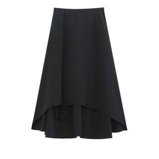 High-waist Plain Slit Asymmetrical Midi Skirt