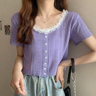 Short-sleeve Button-up Lace Trim Knit Top