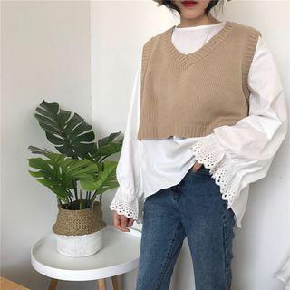 Lace-cuff Long-sleeve Shirt / V-neck Knit Vest