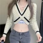 Long-sleeve Contrast Trim Cable Knit Cropped Top