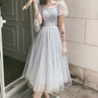 Short-sleeve Mesh Midi Prom Dress