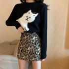 Cat-print Sweater / Leopard-print Mini A-line Skirt