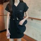 Short-sleeve Lettering Drawstring Front T-shirt / A-line Skirt