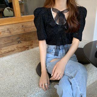 Short-sleeve Bow-neck Lace Blouse