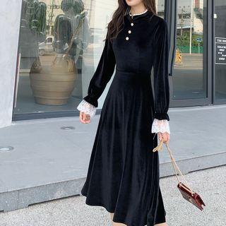 Lace Cuff Mandarin Collar Velvet Midi A-line Dress