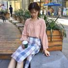 Square-neck Blouse / Plaid A-line Skirt