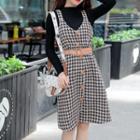 Set: Long-sleeve Top + Houndstooth A-line Pinafore Dress