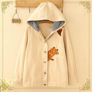 Dog Embroidered Buttoned Hooded Jacket