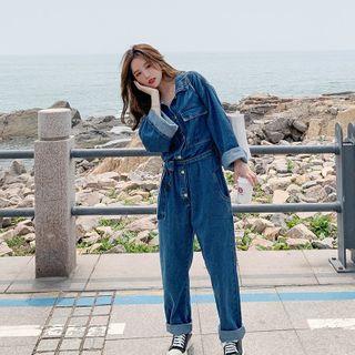 Long-sleeve Wide-leg Denim Cargo Jumpsuit