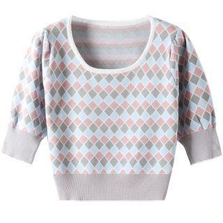 Short-sleeve Argyle Knit Crop Top Almond - One Size
