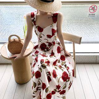Sleeveless Rose Print Maxi A-line Dress
