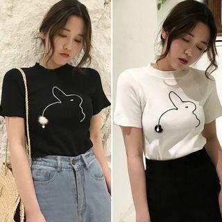 Pompom Rabbit Print Short Sleeve T-shirt