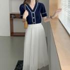 Short-sleeve Contrast Trim Cardigan / Accordion Pleat Midi A-line Skirt