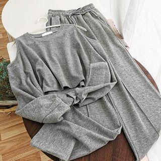 Set: Cold Shoulder Long-sleeve Top + Wide Leg Pants