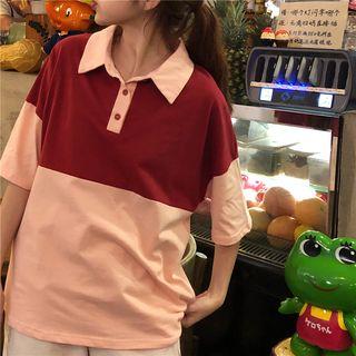 Color-block Loose-fit Short-sleeve Polo-shirt As Figure - One Size