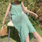 Spaghetti Strap Pointelle Knit Midi Sheath Dress Green - One Size