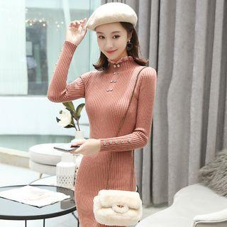 Lace Trim Mock-turtleneck Rib Knit Mini Dress