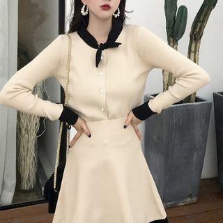 Set:color-block Long-sleeve Knit Top + High Waist A-line Skirt Top & Skirt - Khaki - One Size