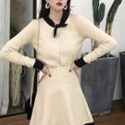 Set:color-block Long-sleeve Knit Top + High Waist A-line Skirt Top & Skirt - Khaki - One Size