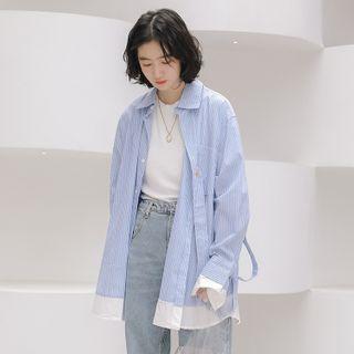 Striped Panel Strappy Long-sleeve Shirt As Shown In Figure - One Size