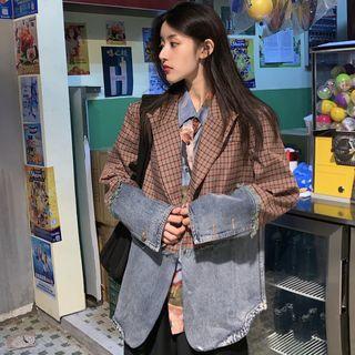 Plaid Panel Denim Blazer As Shown In Figure - One Size