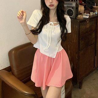 Round-neck Strappy Knotted Crop Top / High Waist Mini Skorts