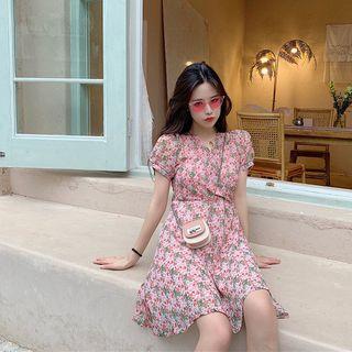 Floral Print Chiffon Dress Pink - One Size